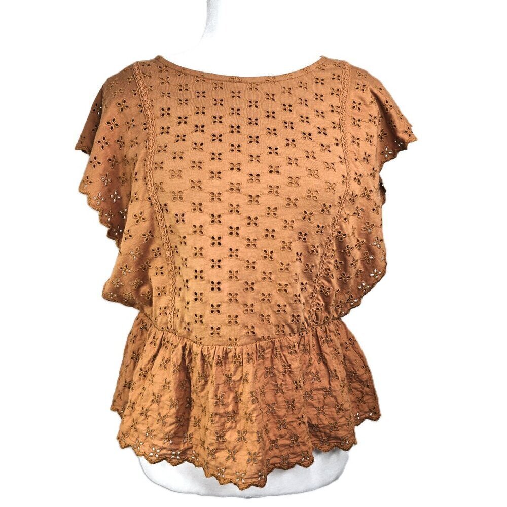 ZARA Cognac Brown Eyelet Lace Flutter Sleeve Peplum Top